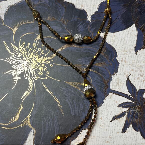 Estate Y2K Brown Faceted AB and Rhinestone Beaded Double Layer Drop Necklace D2 - Picture 13 of 14